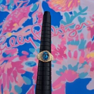 Beautiful Estate 14k Yellow Gold Blue Topaz Diamond Halo Style Ring Size 5